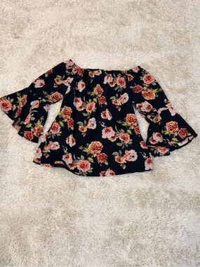 Off-Shoulder Black Floral Bell-Sleeve Top - M